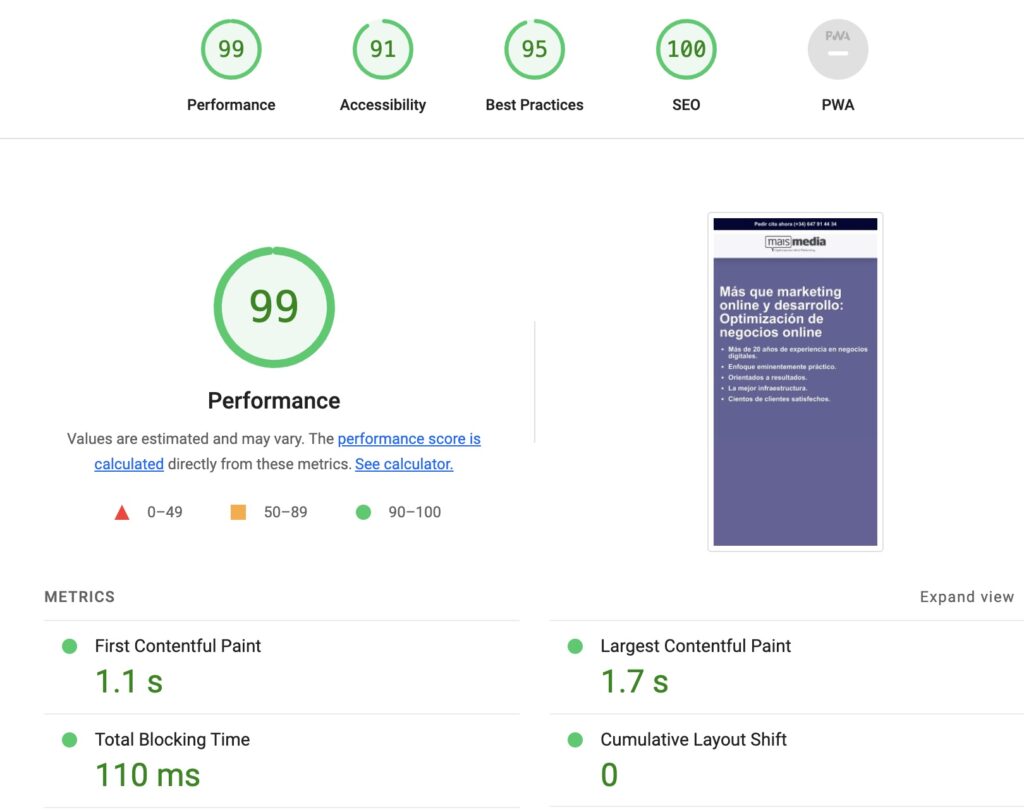 Puntuación máxima de Lighthouse PageSpeed obtenida en una web optimizada por MaisMedia